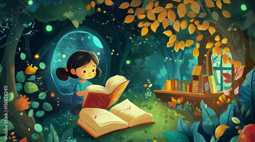 Illustration of children reading books in classroom cheerfully