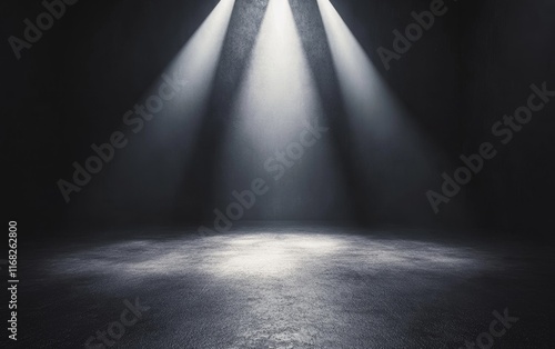 Three spotlights illuminate a dark, empty studio floor.