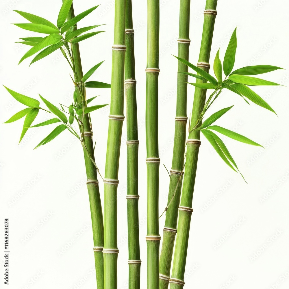 Lush Green Bamboo Stalks with Leaves Against a White Background for Nature and Tranquility Themes Lush Green Bamboo Stalks with Leaves Against a White Background for Nature and Tranquility Themes