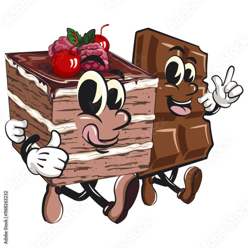 black forest cake cute cartoon isolated vector illustration character mascot walk with a chocolate bar character while giving thumbs up, work of hand drawn