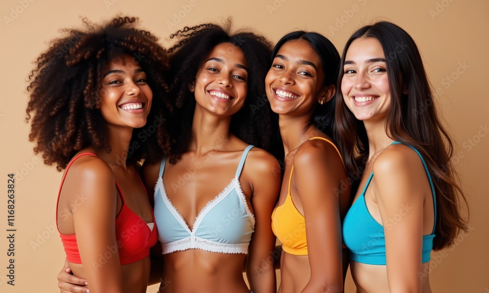 Obraz premium Empowering Women's Fitness: Diverse Group of Smiling Women in Sports Bras Posing Together for a Motivational Workout Image
