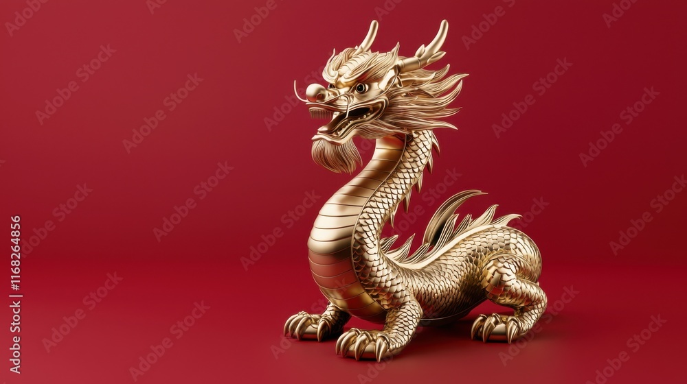 Fototapeta premium Intricate golden dragon sculpture on a vibrant red background, symbolizing power and prosperity in Asian culture.