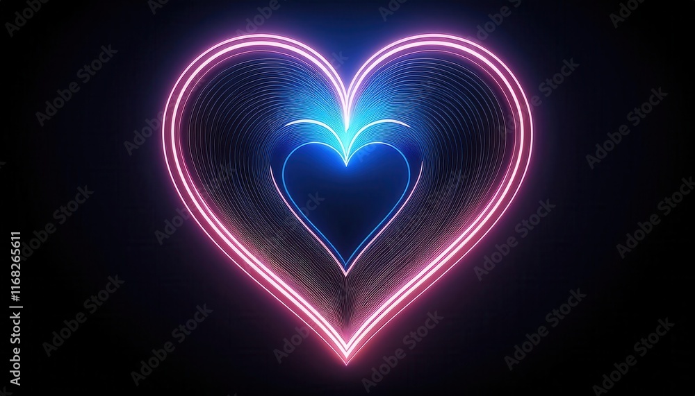 A glowing, neon heart design with intricate patterns, radiating vibrant blue and pink colors against a dark background. A glowing, neon heart design with intricate patterns, radiating vibrant blue and pink colors against a dark background.