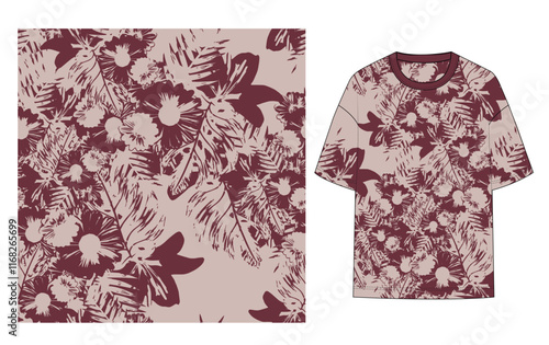 monochrome, tropical summer, leaves, leaf illustration, seamless pattern, all over print, graphic t-shirt, women, men, t shirt, shirt, apparel, clothing, fashion vector artwork