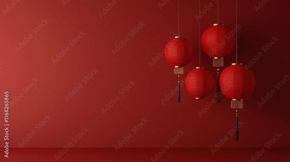 Traditional red lanterns hanging against a deep red wall, symbolizing hope and celebration in festive decor. Traditional red lanterns hanging against a deep red wall, symbolizing hope and celebration in festive decor.