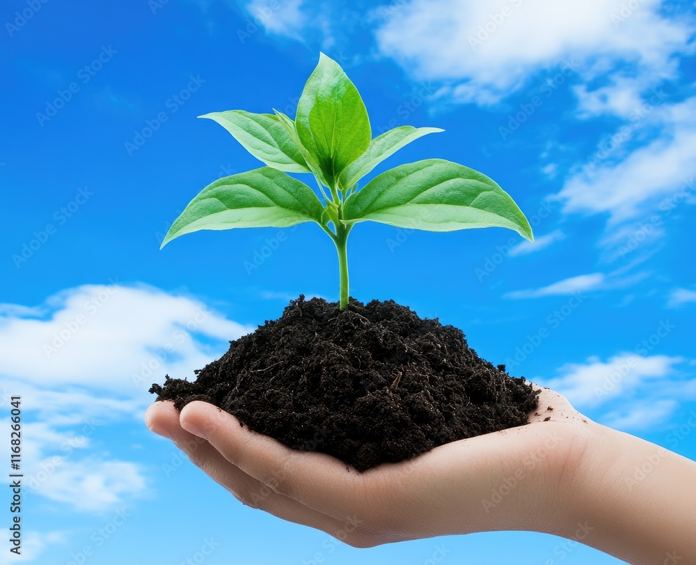 Hand holding a small green plant with soil against a blue background.