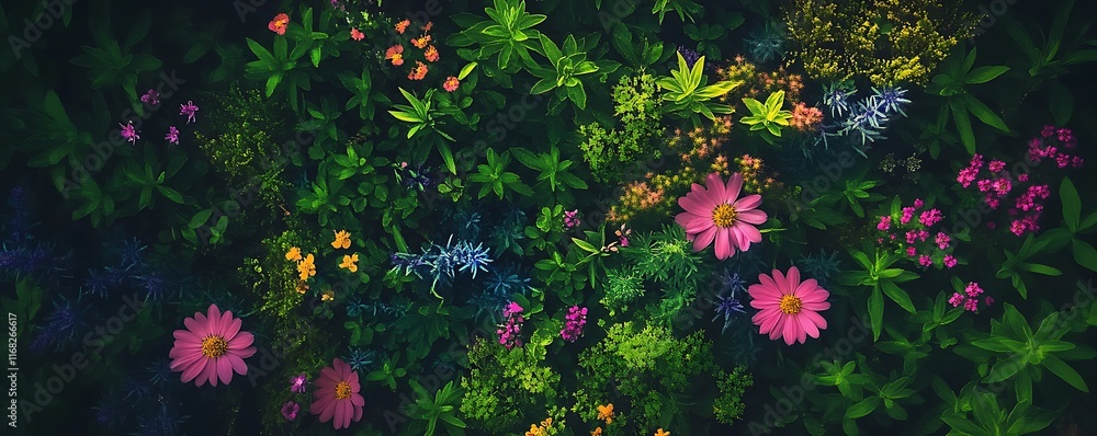 Aerial shot of an alpine meadow with wildflowers blooming under clear skies Aerial shot of an alpine meadow with wildflowers blooming under clear skies