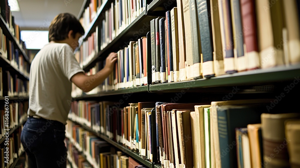 A person browsing books in a library's bookshelf aisle. A person browsing books in a library's bookshelf aisle.