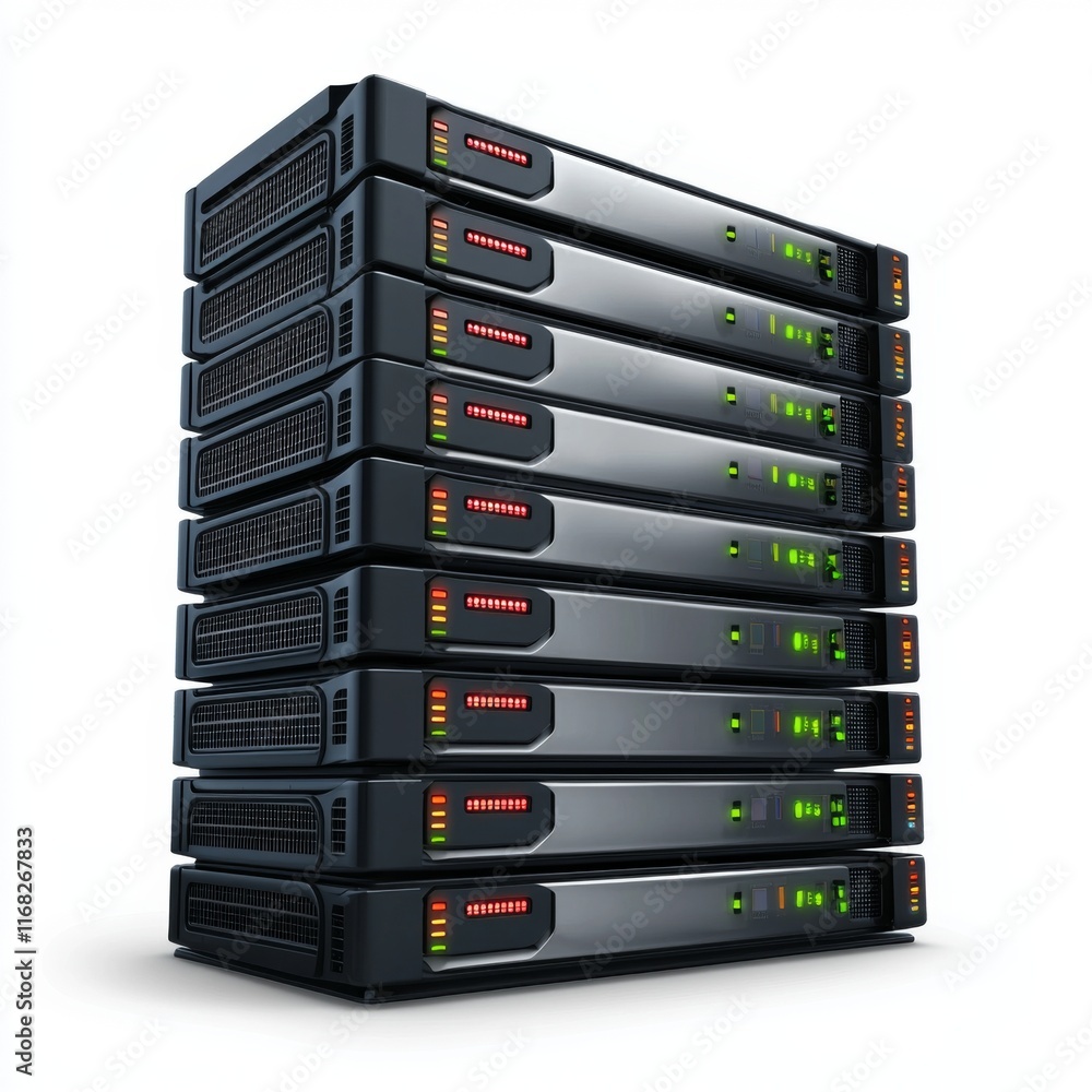 Stack of Network Servers with Green and Red Lights on a White Background for Technology and Data Storage Concepts Stack of Network Servers with Green and Red Lights on a White Background for Technology and Data Storage Concepts