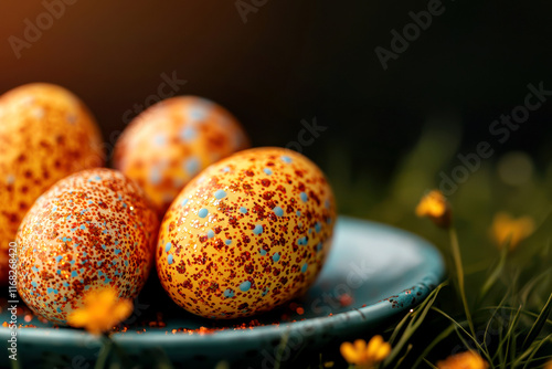 Colorful speckled easter eggs on blue plate amidst yellow flowers in grass photo