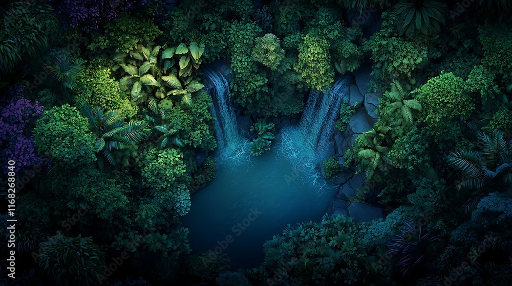 Obraz premium Aerial top view of a hidden waterfall surrounded by dense jungle 