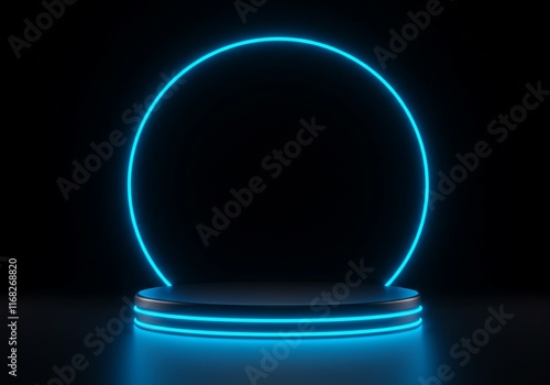 Neon glow around a circular stage, ideal for technology and gaming themes photo