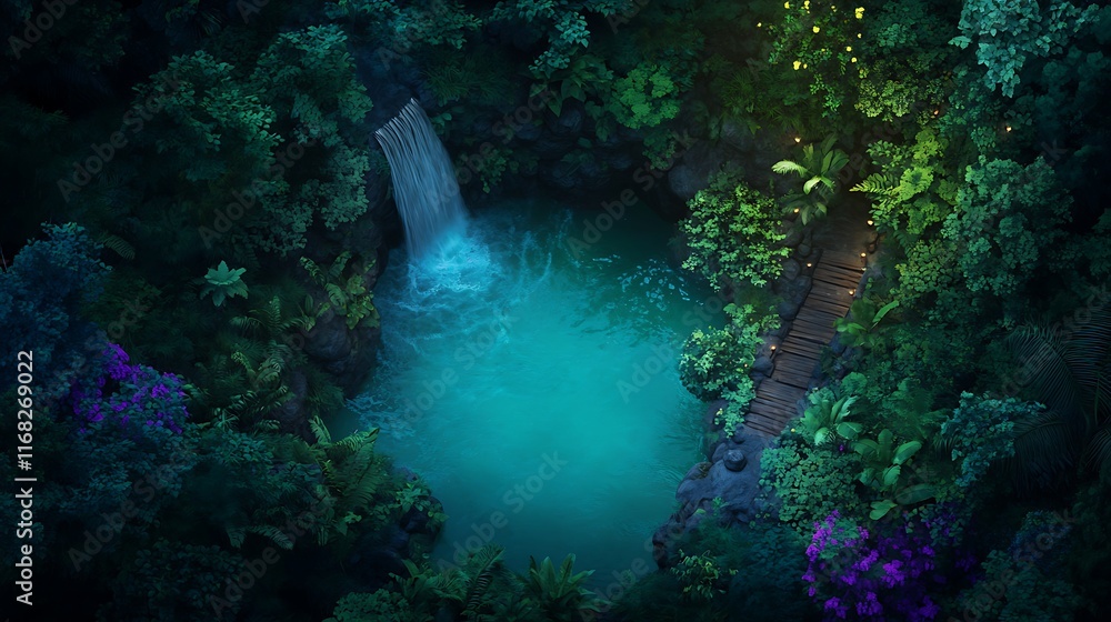 Obraz premium Aerial top view of a hidden waterfall surrounded by dense jungle 