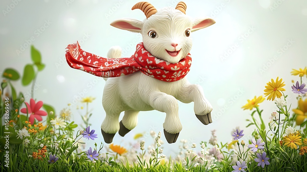 Fototapeta premium Adorable Cartoon Goat Kid Leaping Through Spring Flowers Wearing Red Scarf