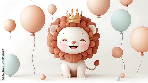 Adorable Cartoon Lion Cub with Crown Surrounded by Pastel Balloons Festive Birthday Illustration