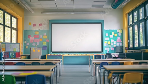 A classroom with a projector screen and a group of students sitting at desks. Scene is one of learning and education