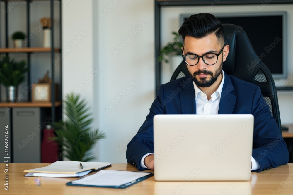 Focused Businessman Working on Laptop in Modern Office Setting, Ideal for Productivity and Professional Development Concepts Focused Businessman Working on Laptop in Modern Office Setting, Ideal for Productivity and Professional Development Concepts