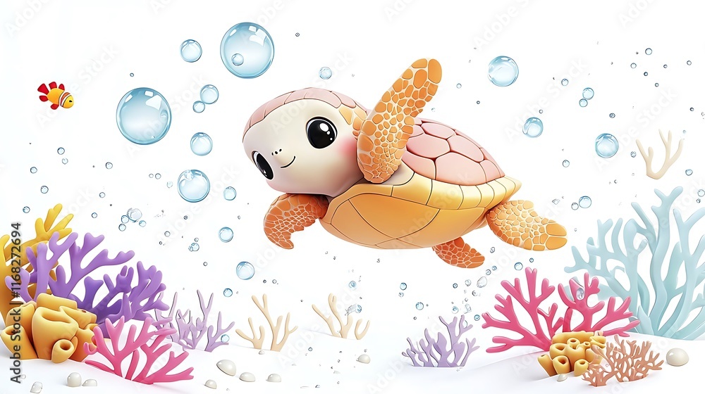 Fototapeta premium Adorable Cartoon Sea Turtle Swimming in Vibrant Coral Reef with Bubbles