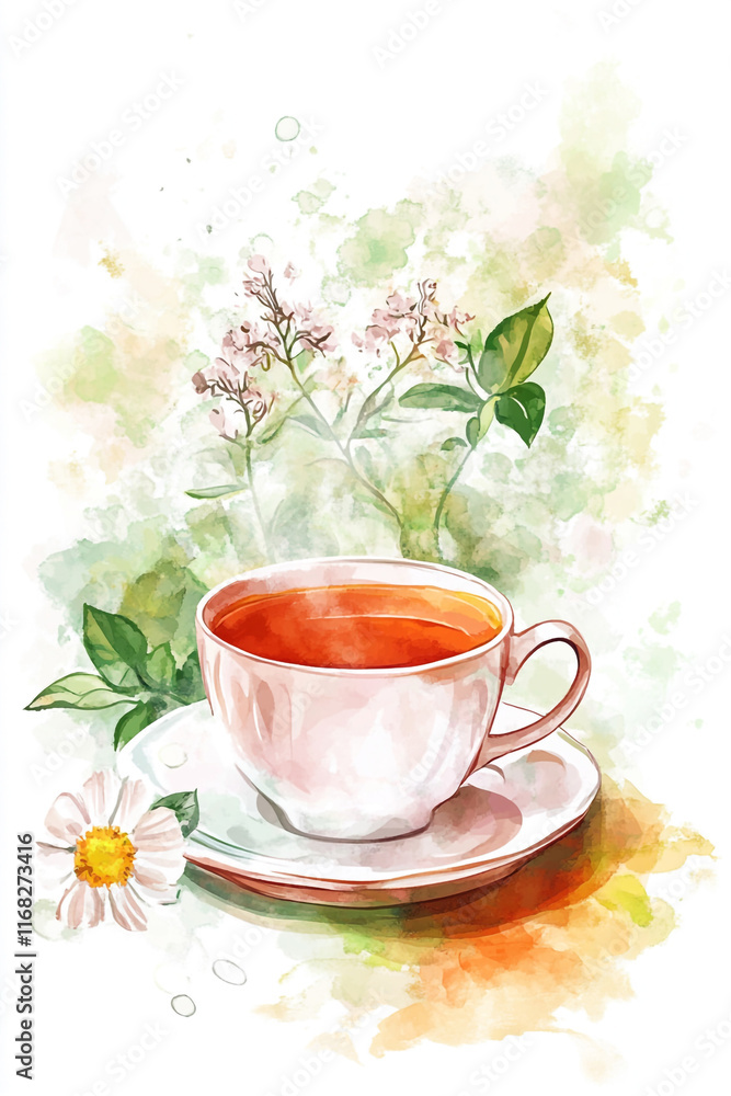 Experience the essence of tea with this elegant International Tea Day illustration, showcasing steaming tea and its natural origins Experience the essence of tea with this elegant International Tea Day illustration, showcasing steaming tea and its natural origins