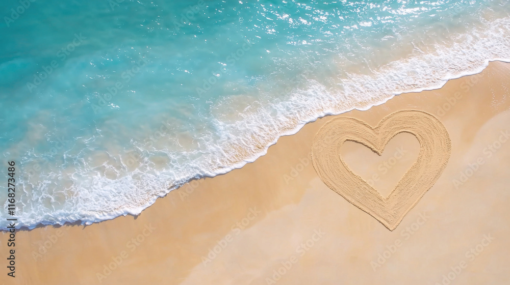 Fototapeta premium Valentine day love concept. heart shape drawn in sand on tropical beach with turquoise waves