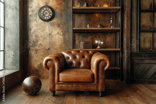 Creative interior composition of elegant masculine living room with copy space, brown armchair, designed commode, industrial shelf and personal accessories, 