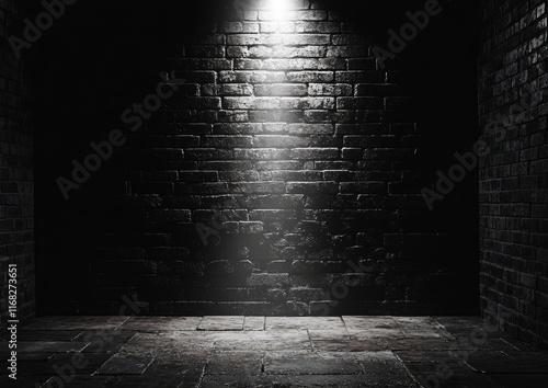 Dark brick wall room lit by spotlight. photo