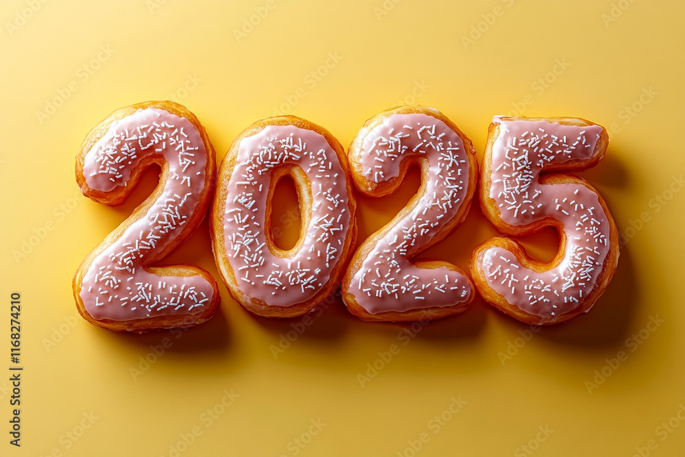 Sweet pink Donuts in 2025 numbers. New year celebration. Volumetric numbers “2025” in the form of pink glazed donuts with multi-colored sprinkles. Pink background. New Year and Christmas concept Sweet pink Donuts in 2025 numbers. New year celebration. Volumetric numbers “2025” in the form of pink glazed donuts with multi-colored sprinkles. Pink background. New Year and Christmas concept