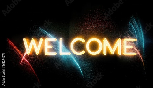 Wallpaper Mural A vibrant, glowing "Welcome" sign against a dark background, enhanced with colorful light effects, creating an inviting atmosphere. Torontodigital.ca