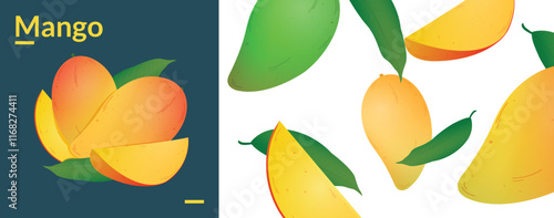 Mango. Delicious juicy Mango whole and cut in half with leaves. Vector illustration.