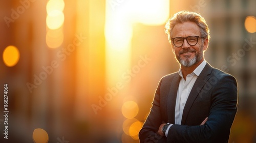 Confident european investor smiling in front of urban skyline at sunset business portrait professional environment positive outlook