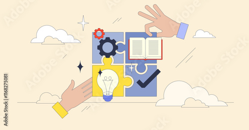 Effective competence is depicted through puzzle pieces with gears, a book, and a lightbulb, symbolizing knowledge and innovation. Neubrutalism style.