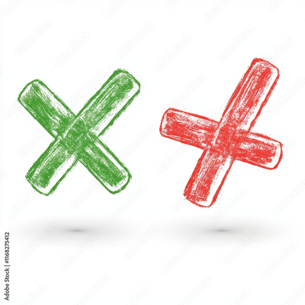 Obraz premium Colorful hand-drawn check and cross marks symbolizing approval and disapproval in a simple minimalistic style
