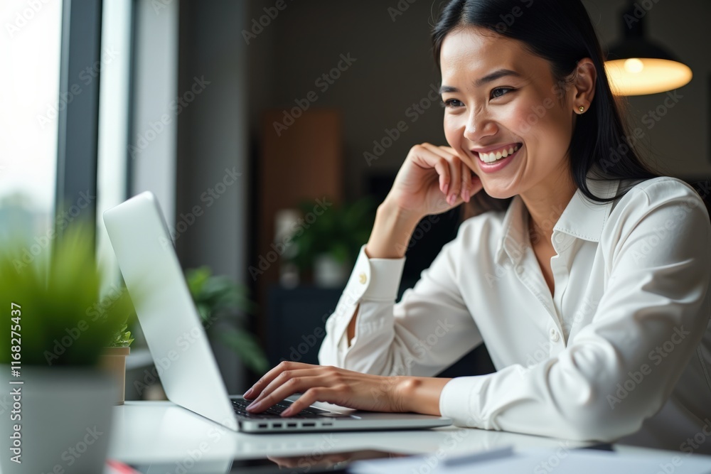 Smiling Businesswoman Using Laptop in Modern Office - Perfect for Business, Marketing, and Inspirational Content Smiling Businesswoman Using Laptop in Modern Office - Perfect for Business, Marketing, and Inspirational Content