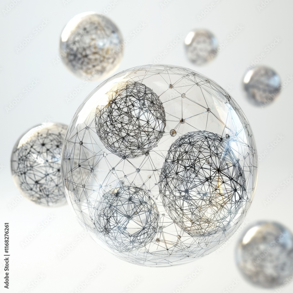Abstract 3D Visualization of Transparent Spheres with Network Structure Representing Modern Technology and Innovation Concepts Abstract 3D Visualization of Transparent Spheres with Network Structure Representing Modern Technology and Innovation Concepts