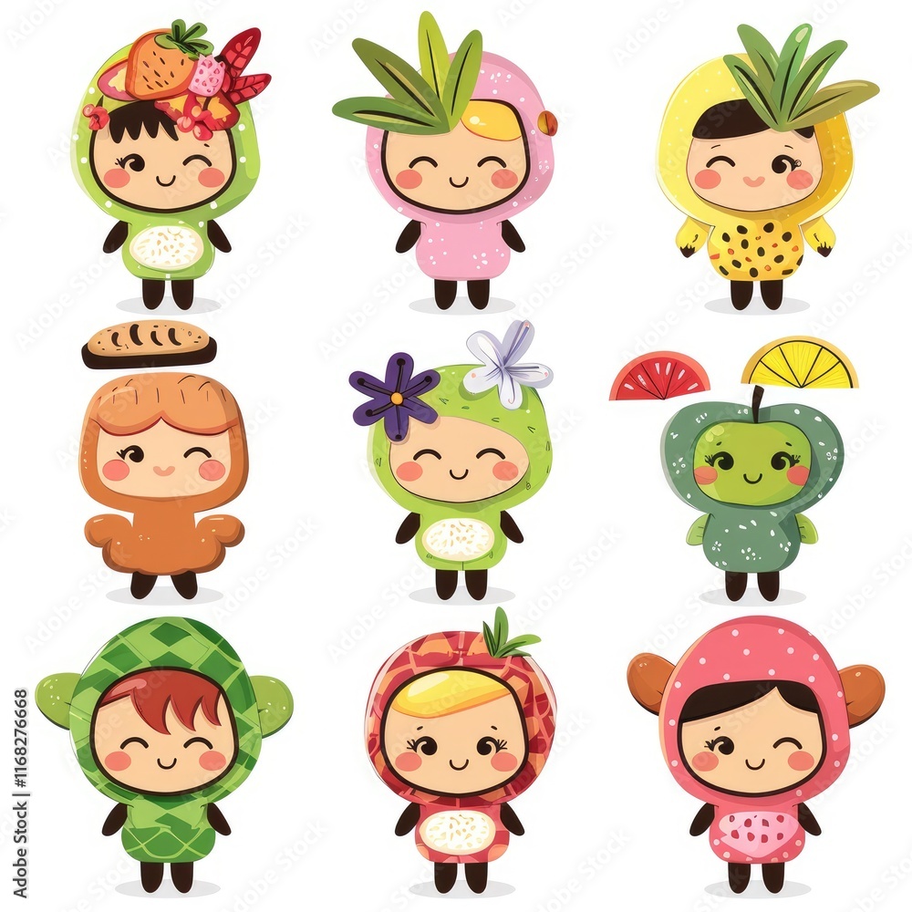 Obraz premium Cute cartoon characters with flower, bread, pineapple costumes in vector illustration set. High resolution close-up view of kawaii design on white background.