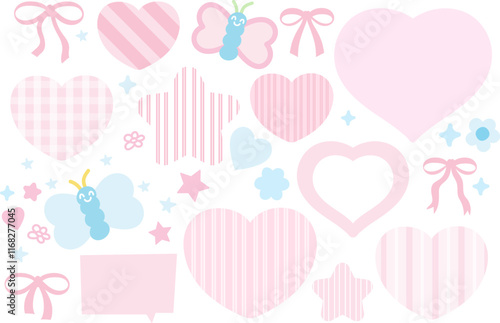 Pastel vector illustrations of butterfly, ribbon, hearts, stars for Valentine card, love sign, logo, icon, background, backdrop, wallpaper, sticker, text bubbles, animals, text, message, decoration
