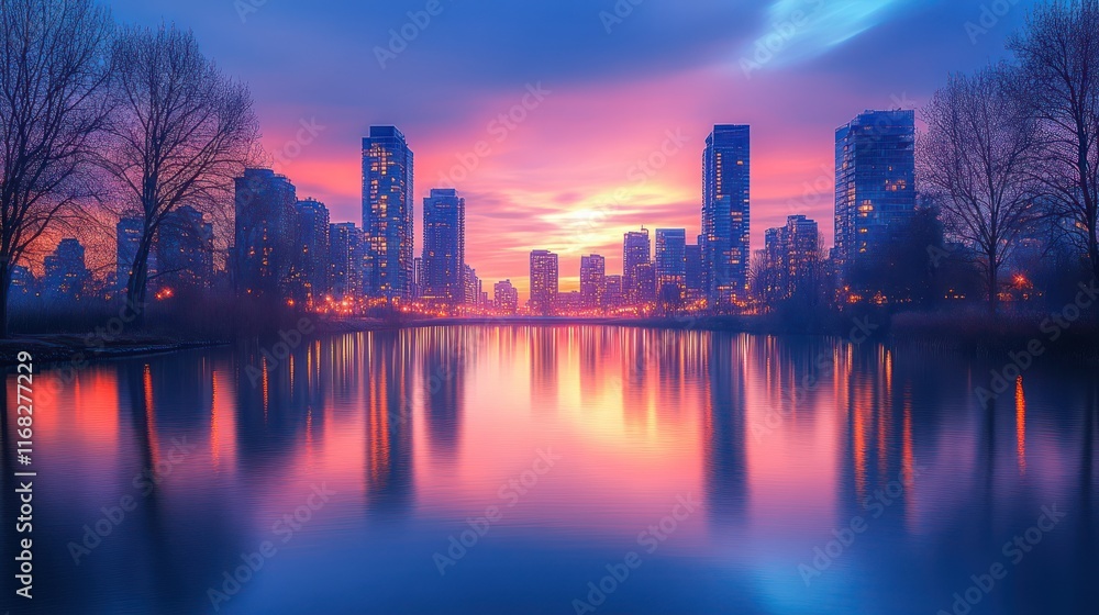Urban Skyline at Sunrise: Serene Cityscape Reflection Urban Skyline at Sunrise: Serene Cityscape Reflection