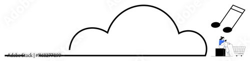 Person in a shopping cart, listening to music notes under a cloud, on a phone. Ideal for technology, music streaming, shopping, cloud computing, online services multimedia entertainment. Simple