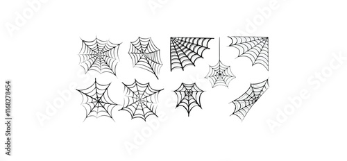 Print  Spiderweb varieties set. Black mesh patterns with halloween party ornament. Sticky trap of intertwining dangerous vector lines