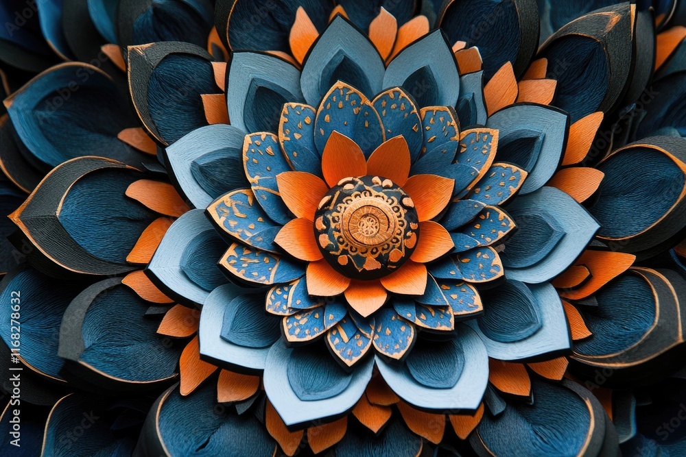 Abstract 3D Flower with Blue and Orange Petals on Black Background Abstract 3D Flower with Blue and Orange Petals on Black Background