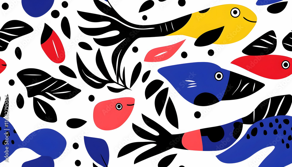 Naklejka premium Abstract Illustration Colorful Fish and Leaves Pattern