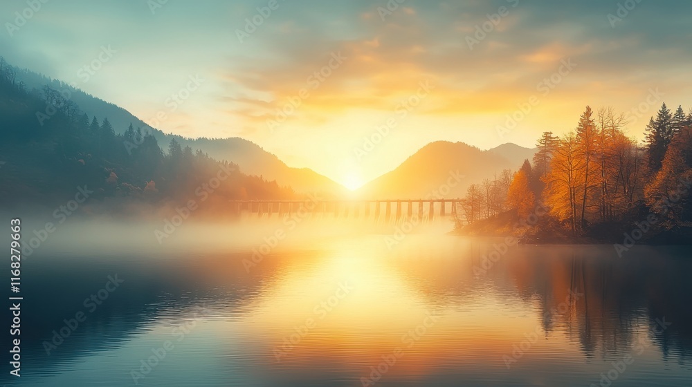 Fototapeta premium Hydroelectric dam generating clean energy at sunrise over serene lake nature landscape peaceful environment captivating viewpoint