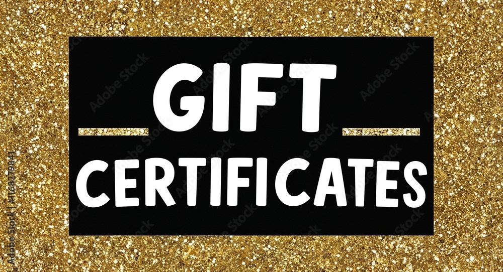 Fototapeta premium Gift certificates white text lettering on plain black background with gold glitters
