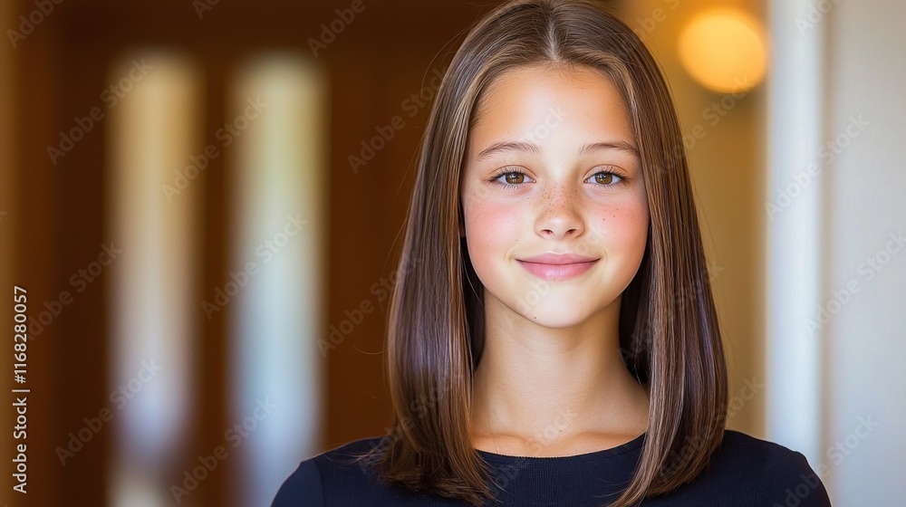Young girl smiling in indoor setting portrait photography natural light cheerful expression Young girl smiling in indoor setting portrait photography natural light cheerful expression