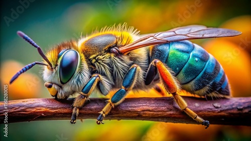 Aerial View: Trachusa interrupta Male Bee Sleeping, Branch Grip photo