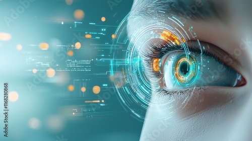 Futuristic ai-powered robotic eye glowing close-up high-tech laboratory digital art sci-fi environment intricate detail advanced technology concept