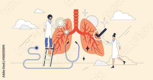 The respiratory system is depicted with lungs, stethoscope, and magnifying glass, highlighting medical analysis in Neubrutalism style.