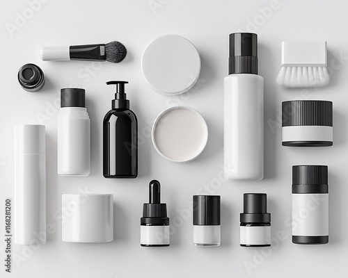 Flat lay of various cosmetic containers and applicators on white background.