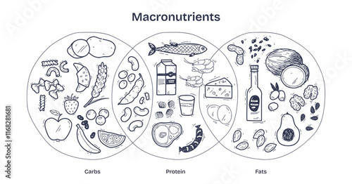 Macronutrients-Doodle-Diagram shows carbs, proteins, and fats with food icons like bread, fish, and avocado. Diagram