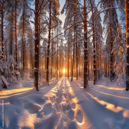 rays of the sun landscape winter forest, glow landscape in a beautiful snowy forest seasonal panorama of winter